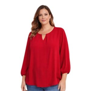 Fortune + Ivy Red Keyhole Blouse 1X Long Sleeve